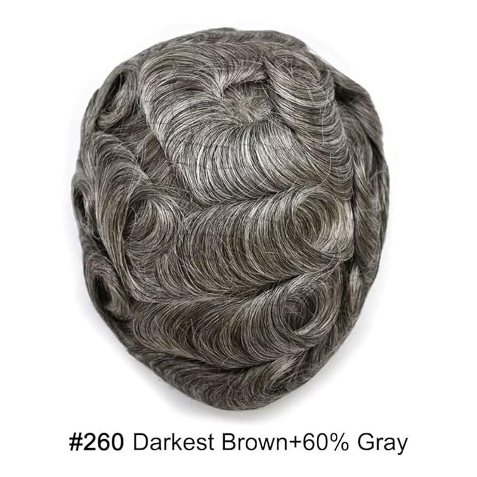 Mens Toupee Human Hair Piece French Lace Toupee for Man Hair System Indian Human Hair Replacement Systems V-Looped PU Front Hairpieces 6"X9" #260 Darkest Brown with 60% Gray