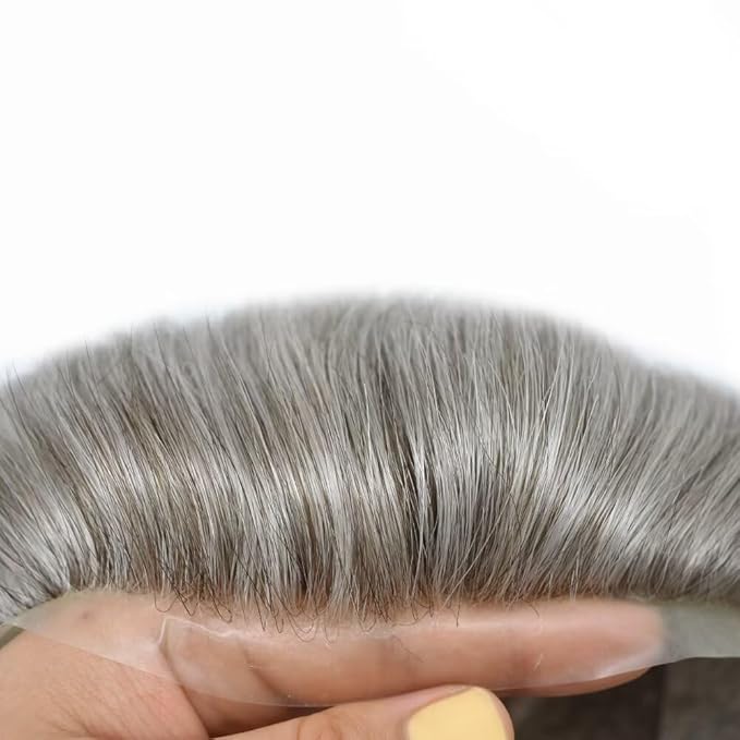 FACE MIRACLE Toupee for Men French Lace Hairpiece Human Hair Replacement System Skin PU Mens Toupee Hair Wigs for Man V-Looped Front Hair Prosthesis 6"X8" #580 5# MEDIUM LIGHT BROWN WITH 80% GREY