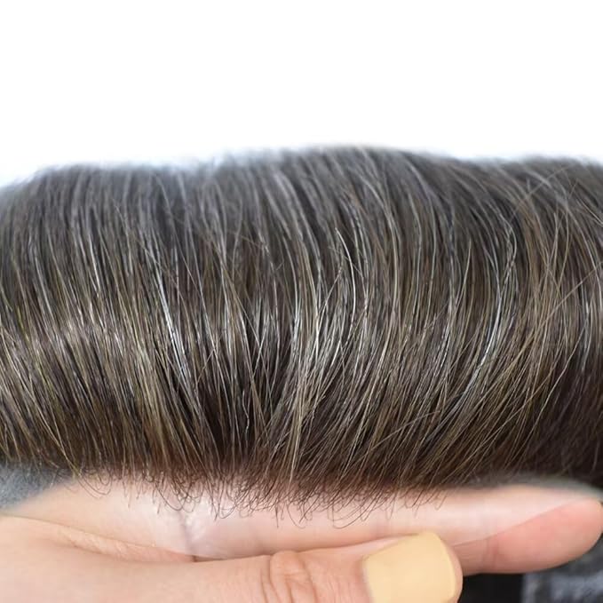Toupee for Men French Lace Center Human Hair Replacement Systems Transparent Lace Center Hair Piece Mens Toupee Hair Units for Man V-Looped Male Hair Prosthesis 7"X9" #320 Dark Brown with 20% Gray