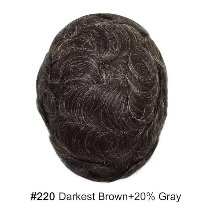 FACE MIRACLE Toupee for Men French Lace Hairpieces Human Hair Replacement System Skin PU around Mens Toupee Hair Piece for Man V-Looped Front 8"X10" #220 2# DARKEST BROWN WITH 20% SYNTHETIC GREY