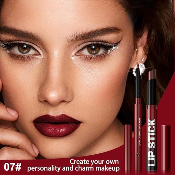 AMY'S DIARY 2Pcs Deep Red Lipstick and Lip Liner Combo, Lip Liner and Lip Stick Kit for Women, Matte Lip Pencil and Smooth Hydrating Lipstick, Non-Stick Lip Makeup Set (07#Wine Red)