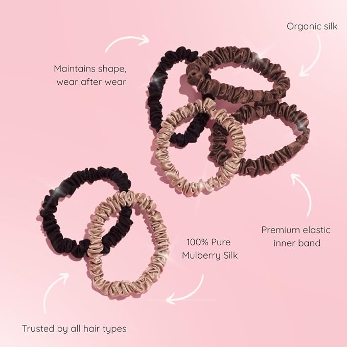 SILKIE x6 Set 100% Pure Mulberry Silk Black Brown Chocolate Pink Nude Neutral Skinny Scrunchies Travel Pouch Everyday Hair Ties Elastics Hair Care Ponytail Holder No Damage (Truffle)