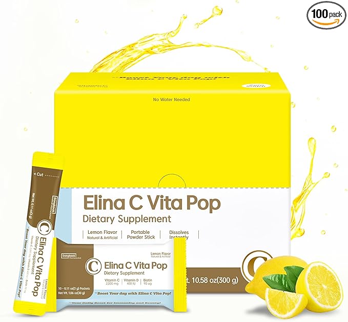 Vita Pop Vitamin C 2,000mg Korean High-Potency Daily Portable Zero Sugar Lemon Flavor Vitamin D & Biotin for Adults & Kids – Vitamin C Supplement for Immune Support, 100 Packets