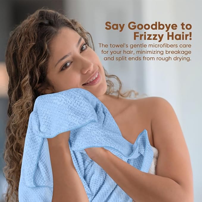 HOMEXCEL Blue Microfiber Hair Towels 5 Pack- 40 x 20 inches Super Soft, Fast Drying Turbans for Long, Thick, Curly Hair - Anti Frizz Wrap with Elastic Strap, Blue/Pink/Grey