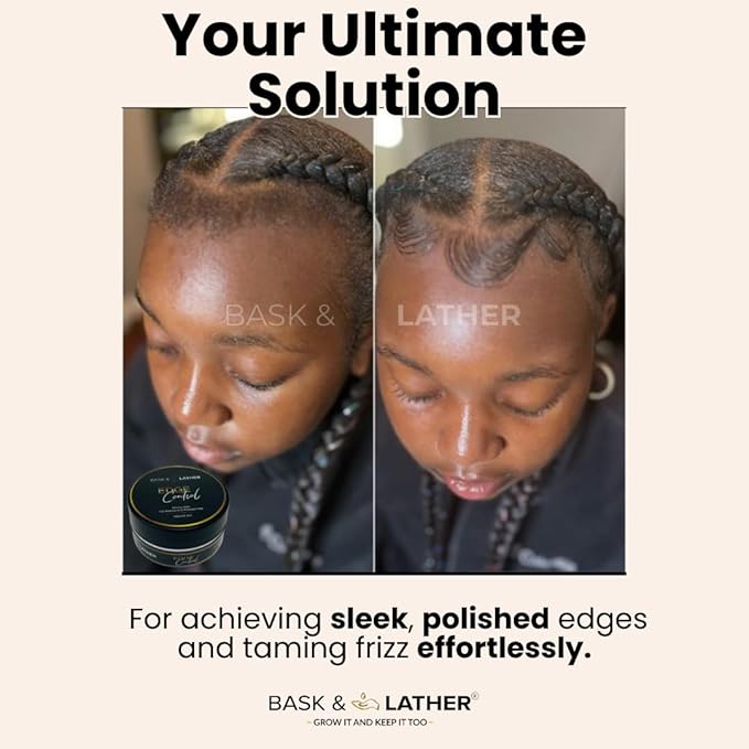 BASK & LATHER Strong Hold Edge Control Gel with Castor Oil, Non-Greasy, Non-Flaking, No White Cast, Long Lasting, Supports Hair Growth, Natural Formula, For All Hair Types, 5.3 Fl Oz