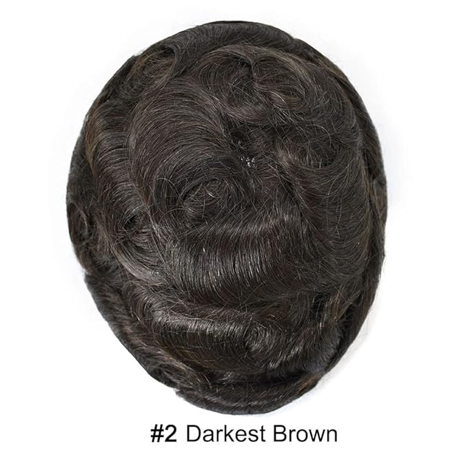 Toupee for Men French Lace Center Human Hair Replacement Systems Transparent Lace Center Hair Piece Mens Toupee Hair Units for Man V-Looped Front Male Hair Prosthesis 7"X10" #2 Darkest Brown