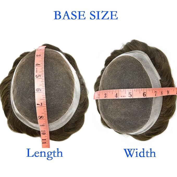 Toupee for Men French Lace Mens Toupee Human Hair Replacement Systems Lace Center with PU Around Hair Piece V-Looped Front Male Hair Prosthesis 7"X9" 4# MEDIUM BROWN