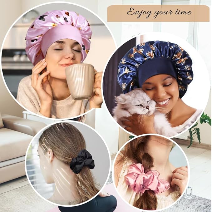 3+3 Large Satin Bonnets with Scrunchies for Women, Wide Band Hair Bonnet for Sleeping Braids Curly Hair