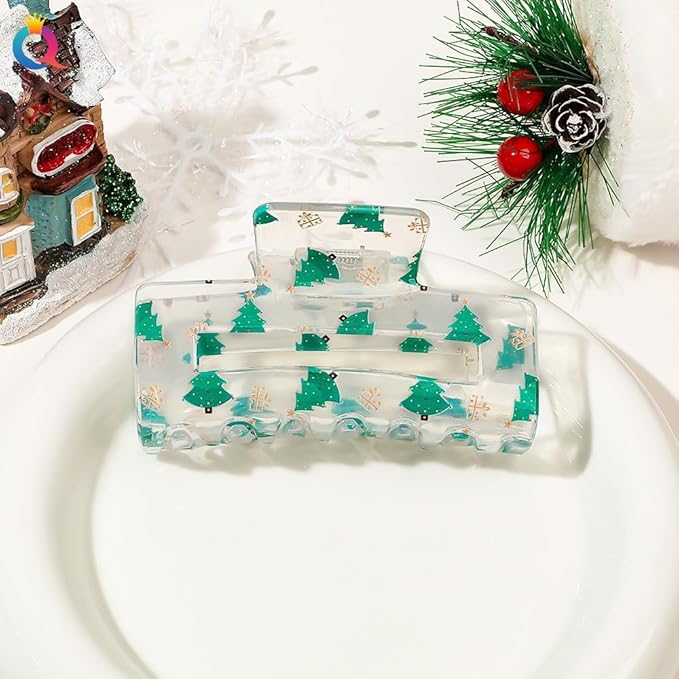 Christmas Tree Claw Clips,1pc Acrylic Hair Clip, Rectangular Large Hair Claw Clips for Thick/Thin Hair, Transparent Green Tree Design Medium Hairpin, Cute Hair Accessories for Christmas