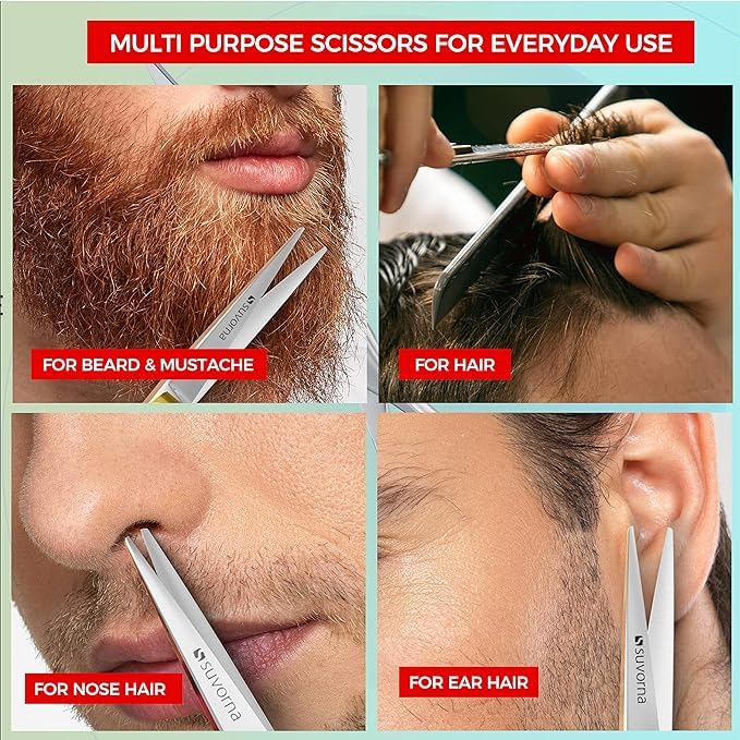 Suvorna small scissors for beard, mustache, facial, nose, eyebrow, and ear hair - Hair scissors for cutting, trimming & grooming - Made with 4.5" stainless steel for barbers, professional, & home user