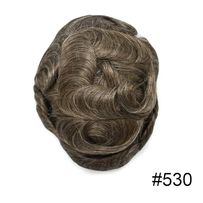 Mens Toupee Human Hair Piece French Lace Toupee for Man Hair System Indian Human Hair Replacement Systems V-Looped PU Front Hairpieces 8"X10" #530 5# MEDIUM LIGHT BROWN WITH 30% SYNTHETIC GREY