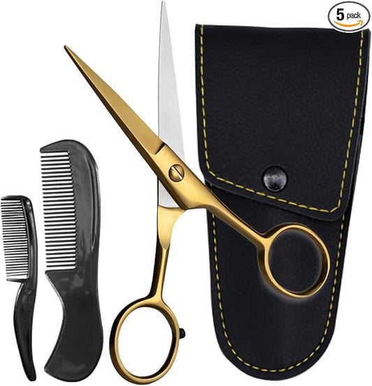 Ontaki Brass Grooming Kit - 5 in, Golden Brass - Beard Trimming Scissors, Mustache Comb & Beard Comb, Carrying Pouch