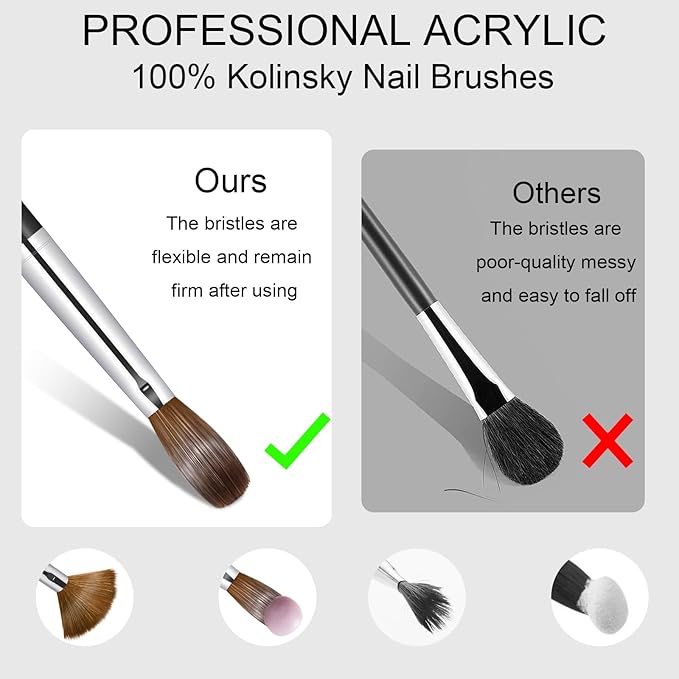 Acrylic Nail Brush Size #10, 100% Pure Kolinsky Nail Art Brushes for Acrylic Application, Sturdy Handle Oval Shaped Acrylic Powder Nail Design Tools for Professional Manicure DIY