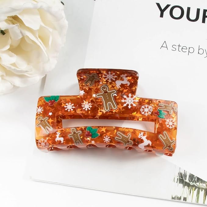 Christmas Hair Clips, Square Hair Claw Clips for Thick/Thin Hair, Orange-Red Glitter Gingerbread Man Snowflake Design Medium Claw Clips, Strong Hold & Non-Slip Hair Styling Accessories for Xmas 1PCS
