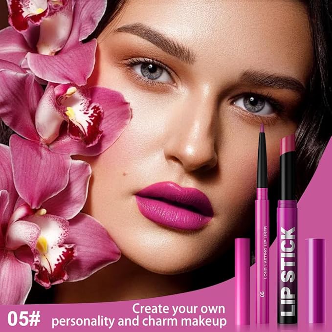 AMY'S DIARY 2Pcs Hot Pink Lipstick and Lip Liner Combo, Lip Liner and Lip Stick Kit for Women, Matte Lip Pencil and Smooth Hydrating Lipstick, Non-Stick Lip Makeup Set (05# Rose Pink)