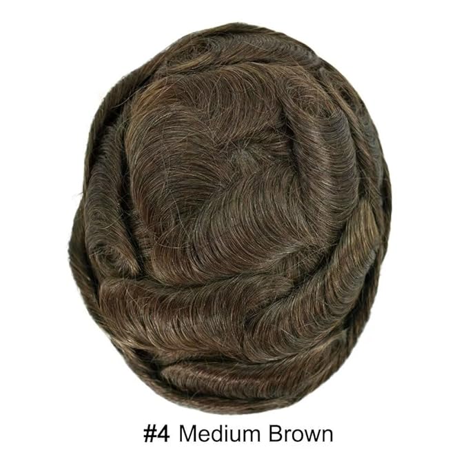 FACE MIRACLE Lace Front Mens Toupee Human Hair System Swiss Lace Center Toupee for Men Thin Skin PU Around Hair Replacement System V-Looped Mens Hair Wig Units 6"X8" 4# MEDIUM BROWN
