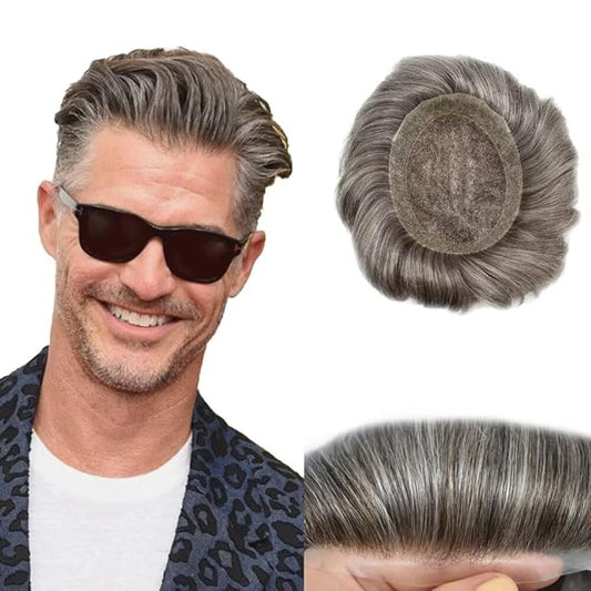 FACE MIRACLE Lace Front Mens Toupee Human Hair System Swiss Lace Center Toupee for Men Thin Skin PU Around Hair Replacement System V-Looped Mens Hair Wig Units 6"X8" #365 Dark Brown with 65% Gray