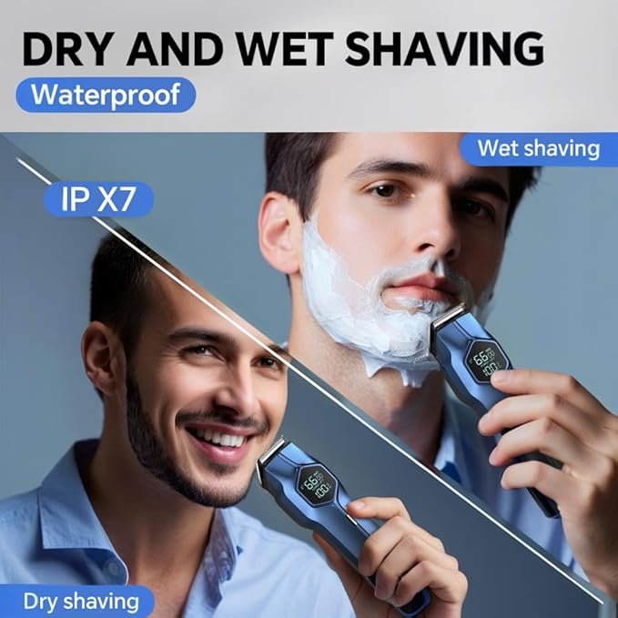 5-in-1 Electric Beard Trimmer Body Hair Trimmer Kit, Professional Cordless Hair Clippers for Men Rechargeable, IPX7 Waterproof Mens Grooming Kit for Face, Mustache, Body, Nose, Gifts for Men (Blue)