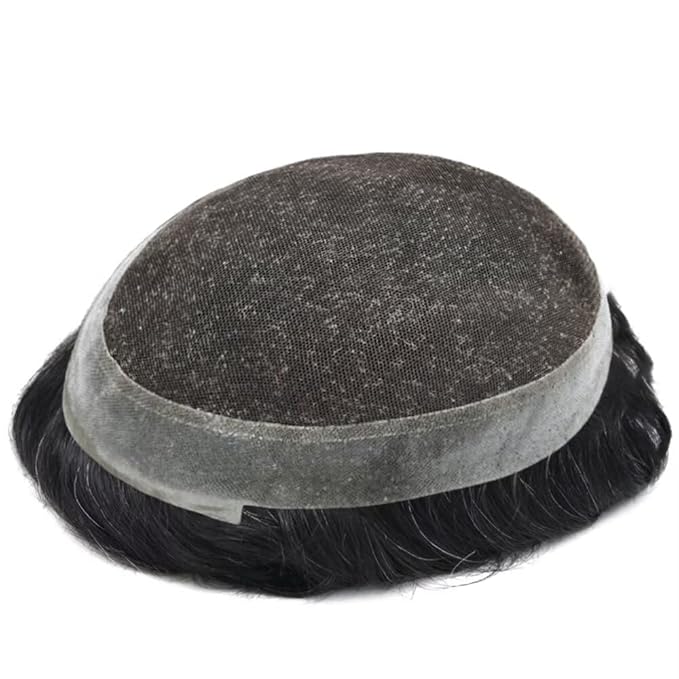 FACE MIRACLE Toupee for Men French Lace Hairpiece Human Hair Replacement System Skin PU Mens Toupee V-Looped Front Hair Piece 6X9#1B10 1B# OFF BLACK WITH 10% SYNTHETIC GREY-80% Light Density