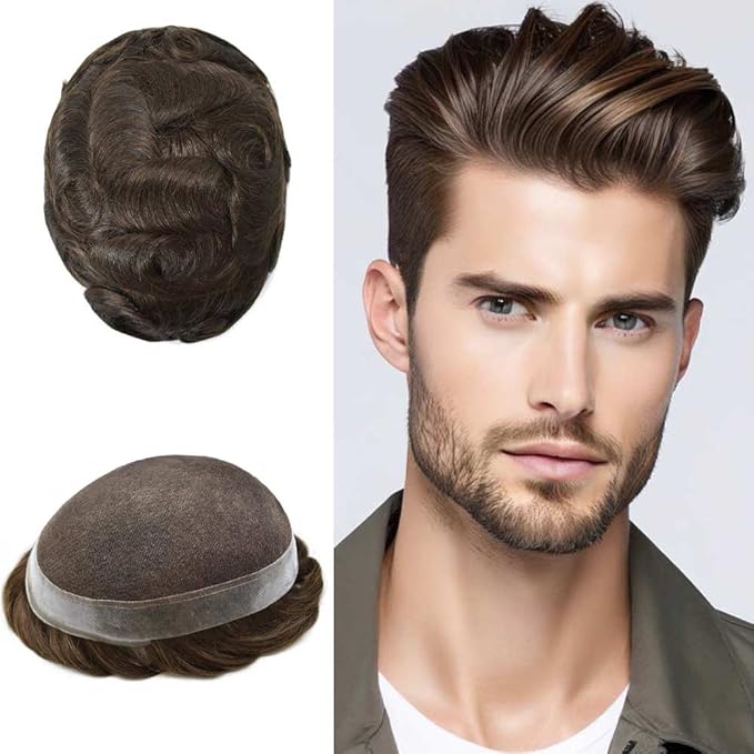 FACE MIRACLE Lace Front Mens Toupee Human Hair System Swiss Lace Center Toupee for Men Thin Skin PU Around Hair Replacement System V-Looped Mens Hair Wig Units 8"X10" 3# DARK BROWN