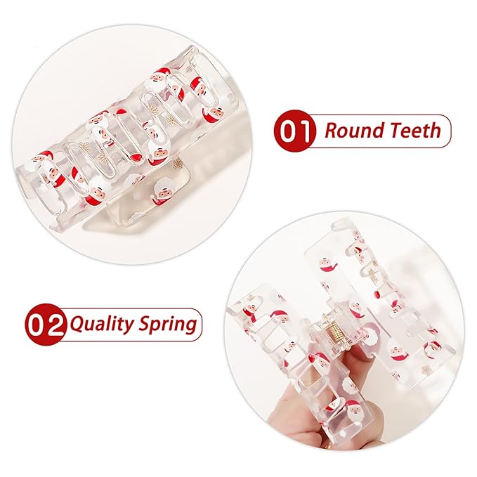 Christmas Hair Clips, Xmas Santa Claus Claw Clips, Rectangular Large Hair Claw Clips for Thick/Thin Hair, Transparent Father Christmas Design Medium Hairpin, Cute Hair Accessories