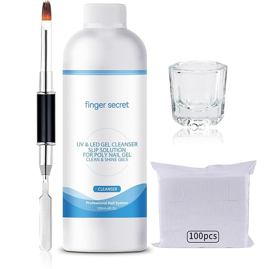 Slip Solution 4Fl.Oz Slip Solution Nail Extension Gel Liquid Slip Solution for Poly Gel Nails with Brush Spatula Glass Cup Nail Cleaning pads Gel Cleanser for Nails