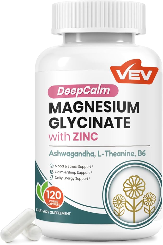 VEV DeepCalm Magnesium Glycinate and Zinc Supplement with Vitamin B6, Ashwagandha & L-Theanine – Cortisol Supplements for Daily Balance – 120 Vegan Capsules