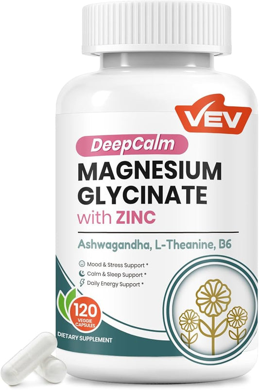 VEV DeepCalm Magnesium Glycinate and Zinc Supplement with Vitamin B6, Ashwagandha & L-Theanine – Cortisol Supplements for Daily Balance – 120 Vegan Capsules