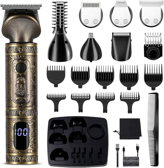 Beard Trimmer Kit Professional Hair Clipper Zero Gapped T-Blade Electric Shaver Razor Nose Body Trimmer for Men Cordless Grooming Kit 7 in 1