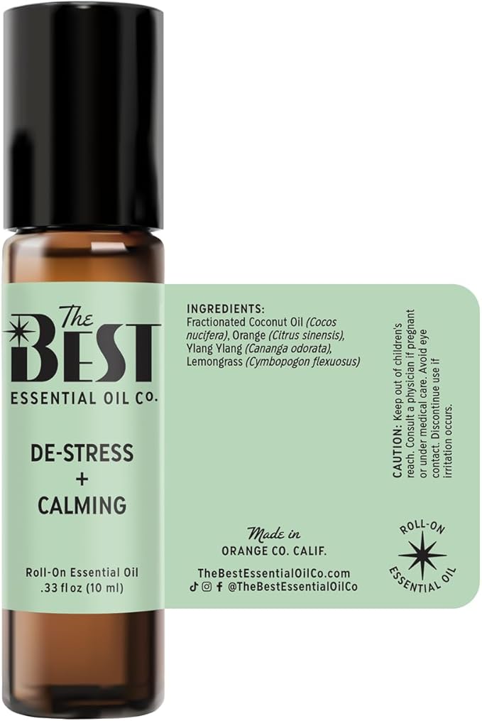 The Best De-Stress + Calming Essential Oil Roll-On Blend- Premium Grade- Pre-Diluted in Coconut Oil- Ready to Use- 10 ml (.33 fl oz)