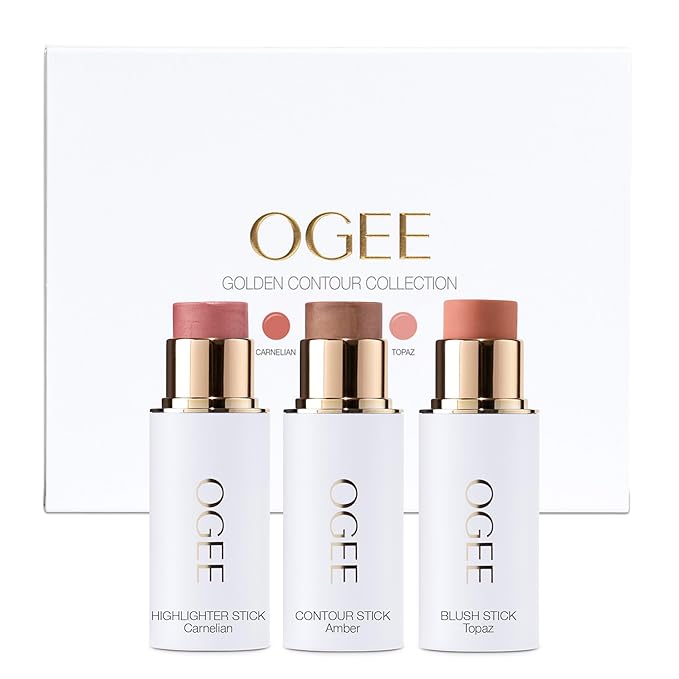 Ogee Face Stick Trio - Golden Contour Stick Makeup Collection - Certified Organic Bronzer, Blush Stick, and Highlighter Stick for a Flawless Look