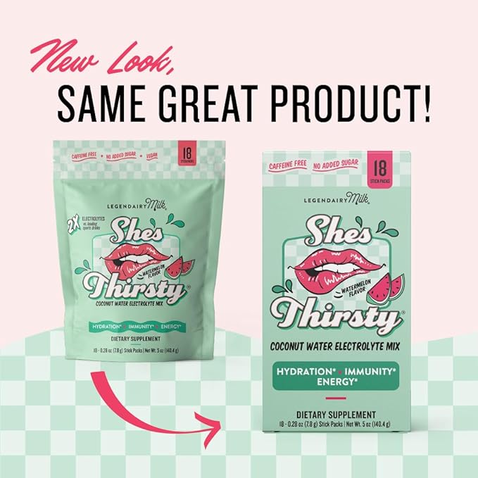 Legendairy Milk She’s Thirsty – Watermelon, Hydration Packets | Cortisol Supplement for Stress Relief & Adrenal Support | Coconut Water Electrolytes Powder, No Sugar Added 18 ct