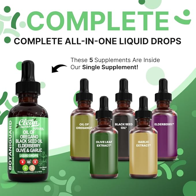Clean Nutra Oil of Oregano Drops Black Seed Oil Elderberry Vitamin D D3 K2 Olive Garlic Immune Support Supplement Wellness Formula Zinc Supplements Liquid 2 Fl Oz BotaniGuard Vegan, Non-GMO