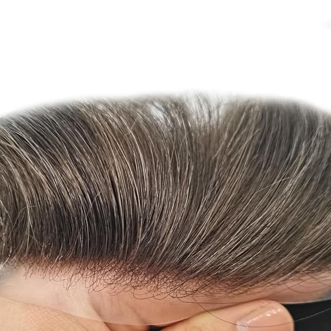 Toupee for Men French Lace Center Human Hair Replacement Systems Transparent Lace Center Hair Piece Mens Toupee Hair Units for Man V-Looped Front Male Hair Prosthesis 6"X9" 3# DARK BROWN