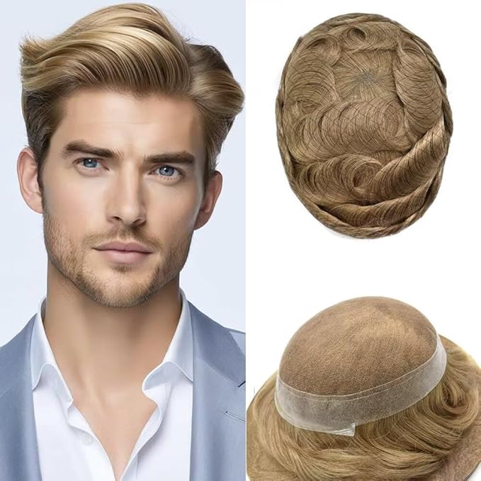 FACE MIRACLE Toupee for Men French Lace Hairpiece Human Hair Replacement System Skin PU Mens Toupee Hair Wigs for Man V-Looped Front Hair Prosthesis 6"X8" 17R#BROWN/BLONDE MIX WARM TONE