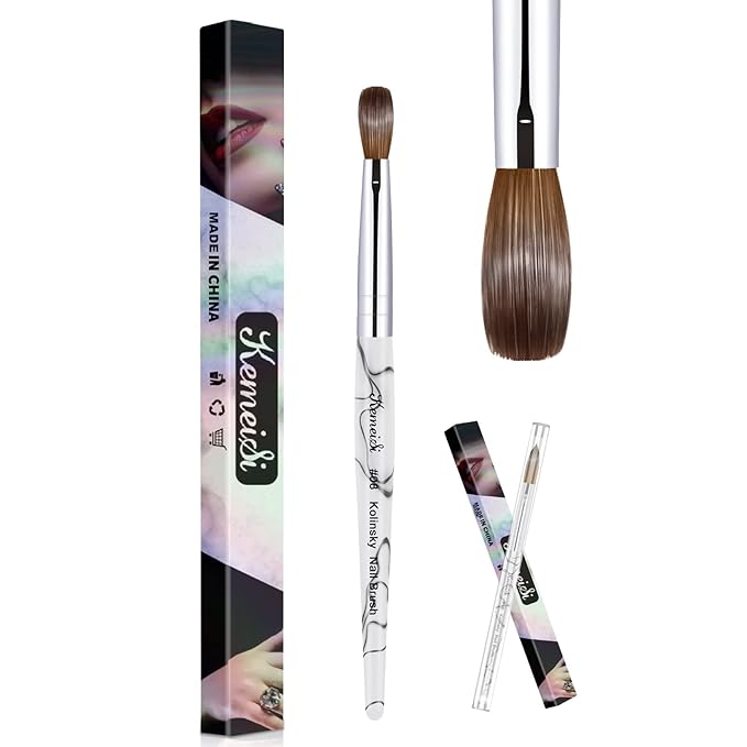 Acrylic Nail Brush Size 8,KEMEISI 100% Pure Kolinsky Nail Art Brushes Sturdy Marble Handle Oval Shaped Acrylic Powder Nail Design Tools for Professional Manicure DIY Home Salon (White)