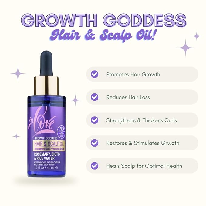 Growth Goddess Hair & Scalp Oil – With Rosemary, Biotin, Organic Rice Water & Jamaican Black Castor Oil – Strengthens & Thickens Curls, Repairs Split Ends, Promotes Hair Growth – 1.5oz