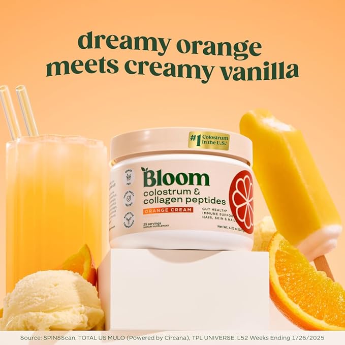 Bloom Nutrition Bovine Colostrum Powder with Vitamin B-12 for Gut Health, Immune Support, Hair Growth & Beauty Supplement | Orange Cream, 25 Servings