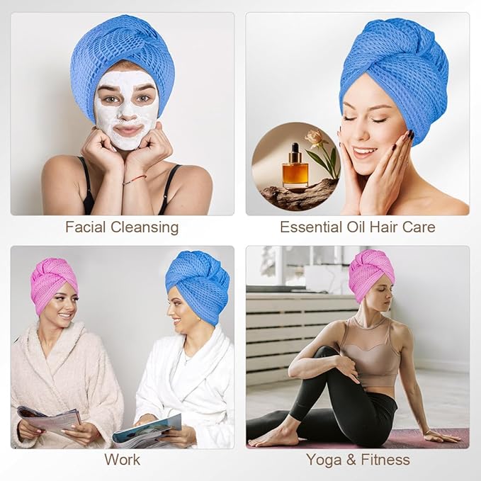 HOMEXCEL 2 Pack XL Microfiber Hair Towels Waffle Weave- 40 x 26.5 inches Fast Drying Turbans for Long, Thick, Curly Hair - Anti Frizz Wrap with Elastic Strap, Blue/Pink