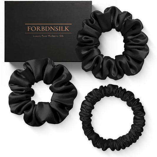 100% Pure 22 Momme Mulberry Silk Scrunchies (Set of 3) | Highest grade (6A) Luxury Hair Ties| (Black,White,Pink) | (Black, Standard/Small/Skinny)