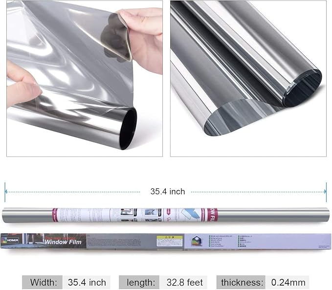 HIDBEA One Way Privacy Window Film, Daytime Privacy Sun Blocking Anti UV Reflective Window film Heat Control Static Cling Window Tint film for Home and Office, Silver, 35.4 x 393.7 Inch