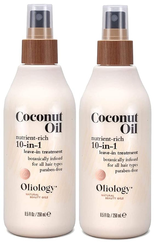 Oliology Coconut Oil 10-in-1 Multipurpose Spray - Leave in Treatment for All Hair Types | Detangles, Controls Frizz, Hydrates & Moisturizes | Made in USA, Cruelty Free & Paraben Free (8.5 oz, 2 Pack)