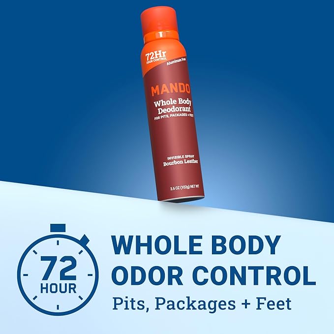 Mando Whole Body Deodorant For Men - Invisible Spray Deodorant - 72 Hour Odor Control - Low Irritation Formula - Aluminum Free, Benzene Free - 3.6 ounce Cans (Pack of 2) - Bourbon Leather