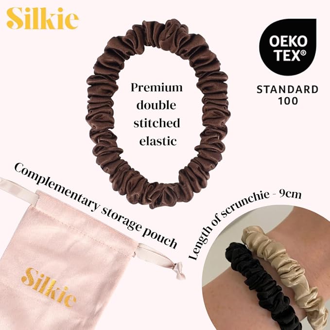SILKIE x6 Set 100% Pure Mulberry Silk Christmas Dark Neutral Skinny Scrunchies Travel Pouch Everyday Hair Ties Elastics Hair Care Ponytail Holder No Damage (Celestial)