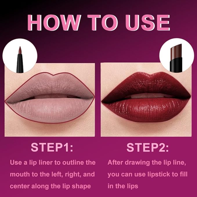 AMY'S DIARY 2Pcs Deep Red Lipstick and Lip Liner Combo, Lip Liner and Lip Stick Kit for Women, Matte Lip Pencil and Smooth Hydrating Lipstick, Non-Stick Lip Makeup Set (07#Wine Red)