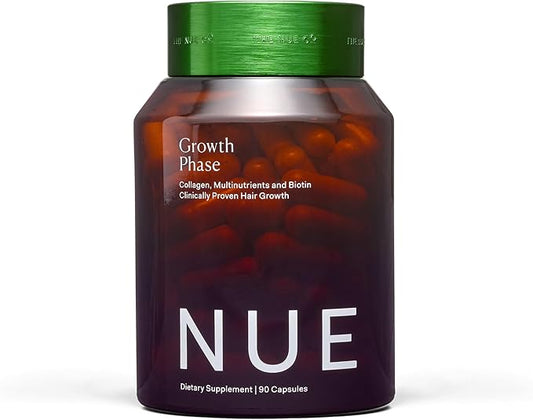 The Nue Co. Growth Phase Supplement, Supports Hair Growth, Reduces Breakage, Thicker & Fuller Hair, Contains Vitamins, Reishsi Mushrooms, Proteins & Adaptogens, Vegan, Gluten Free, 90 Capsules