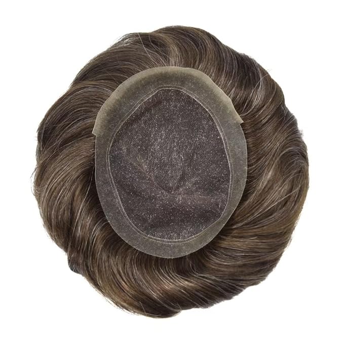Toupee for Men French Lace Human Hair Replacement Systems Lace Center with Poly Around Hairpiece Mens Toupee V-Looped Front Male Hair Units 6"X9" #230
