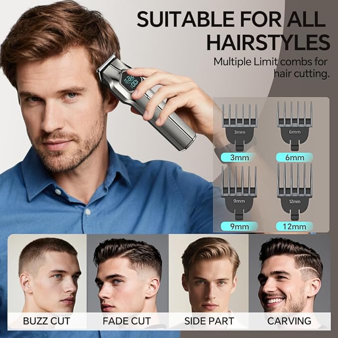 5-in-1 Electric Beard Trimmer Body Hair Trimmer Kit, Professional Cordless Hair Clippers for Men Rechargeable, IPX7 Waterproof Mens Grooming Kit for Face, Mustache, Body, Nose, Gifts for Men (Silver)