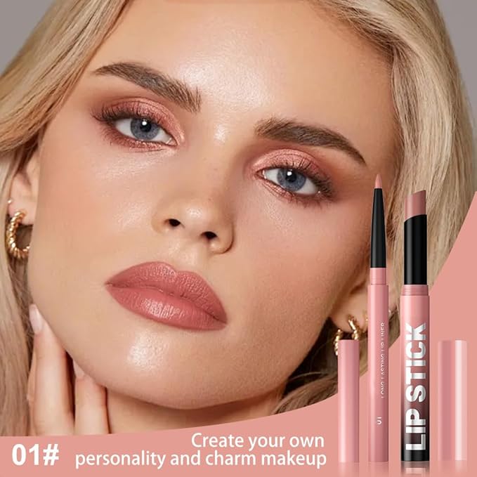 AMY'S DIARY 2Pcs Nude Matte Lipstick and Lip Liner Combo, Lip Liner and Lip Stick Kit for Women, Matte Lip Pencil and Smooth Hydrating Lipstick, Non-Stick Lip Makeup Set (01#Dusty Rose)