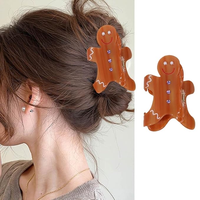 1pc Gingerbread Man Hair Clip, Xmas Acetic Acid Claw Clips, Large Hair Claw Clips for Thick/Thin Hair, Cute Brown Gingerbread Design Medium Hairpin, Sparkling Hair Accessories for Christmas Decor